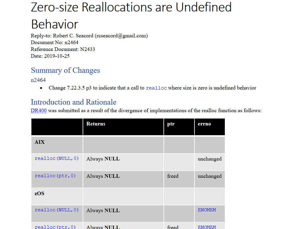 Document N2464: "Zero-size Reallocations are Undefined Behavior"