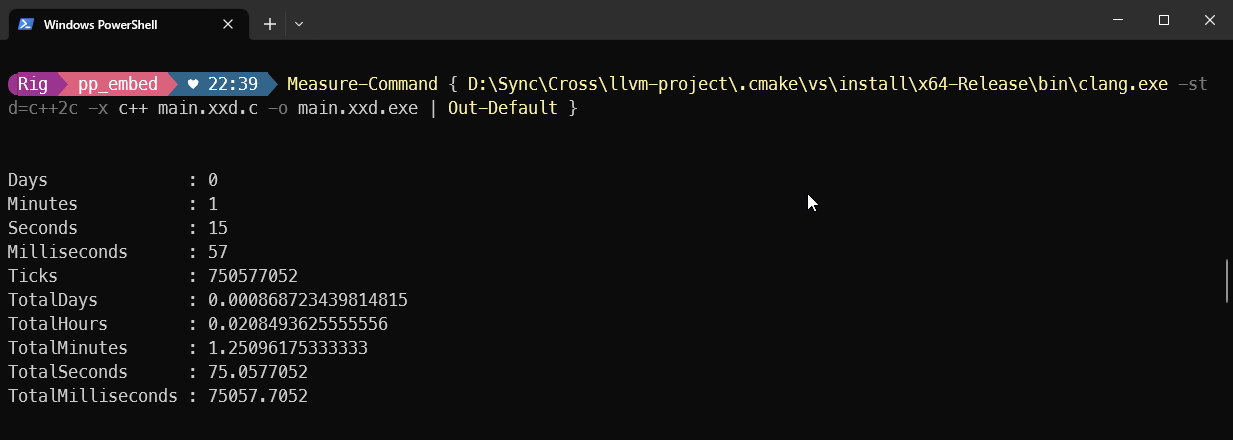 A single command line PowerShell prompt command, which reads: Measure-Command { D:\Sync\Cross\llvm-project.cmake\vs\install\x64-Release\bin\clang.exe -std=c++2c -x c++ main.xxd.c -o main.xxd.exe | Out-Default }. It shows: TotalSeconds: 75.0577052