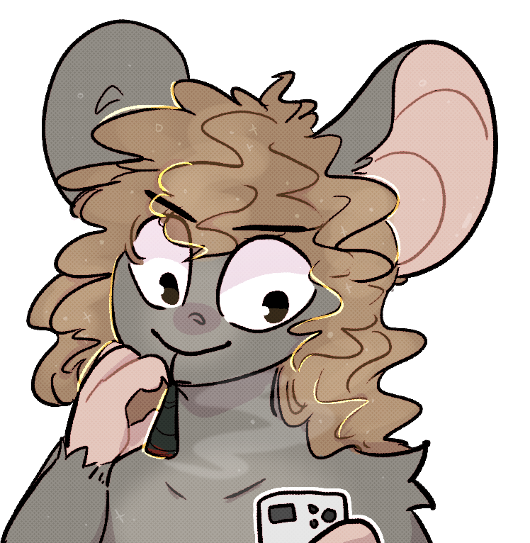 An anthropomorphic mouse staring at a cell phone with their eyes wide and their pupils a little beady. Their cheeks are a little pulled in from taking a long drag on a blunt, concern all over their face from the thing they are viewing on their phone.
